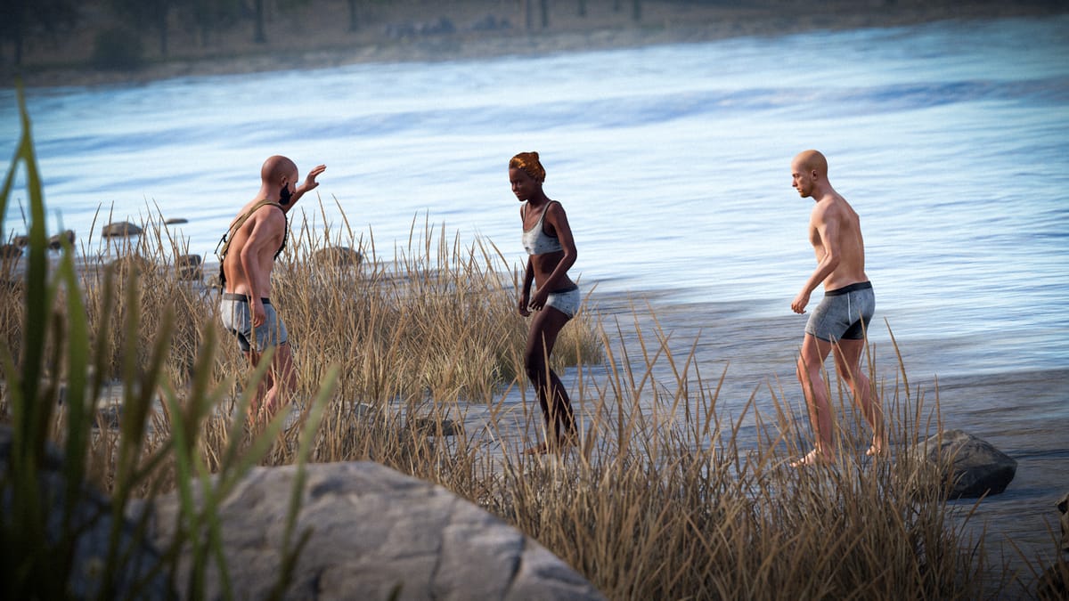 Three freshly spawned players on a beach in Rust